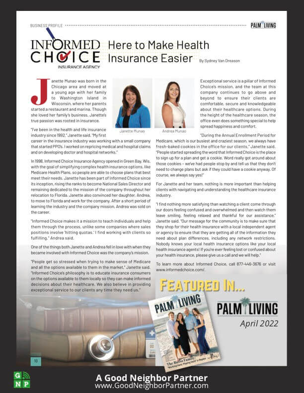 Informed Choice Insurance Agency | Palm Living Magazine Feature Business Story - April 2022
